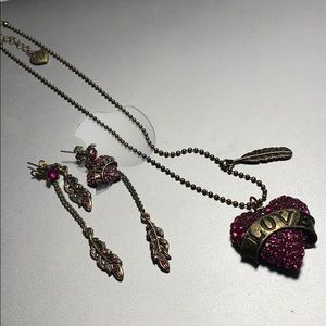 Betsey Johnson heart & feather jewelry set
